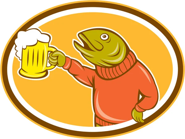 Trout Fish Holding Beer Mug Oval Cartoon - Stok Vektor