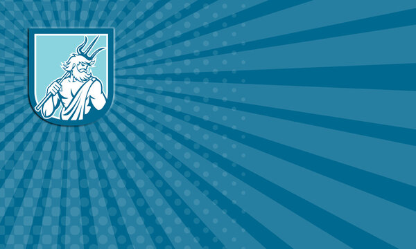 Business card Neptune Poseidon Trident Shield Retro