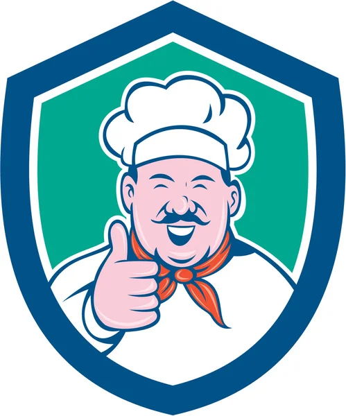 Chef cocinero feliz pulgares hasta escudo de dibujos animados — Vector de stock