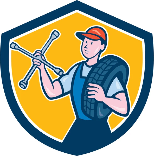Mechanic With Tire Wrench Shield Cartoon — Stock Vector