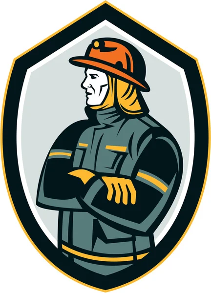Fireman Brandweerman armen gevouwen schild retro — Stockvector
