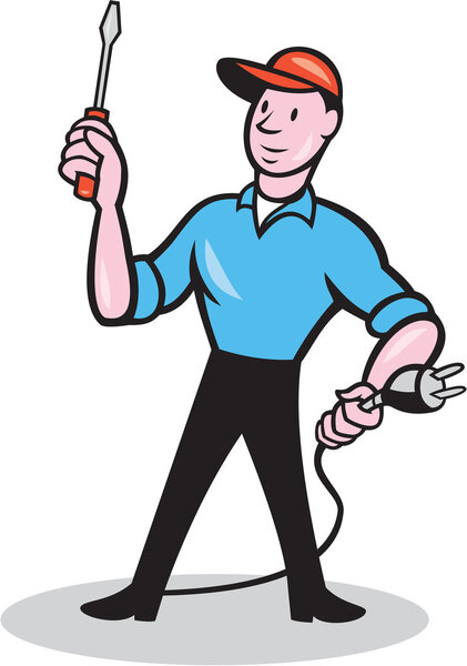 Electrician Holding Screwdriver Plug Cartoon