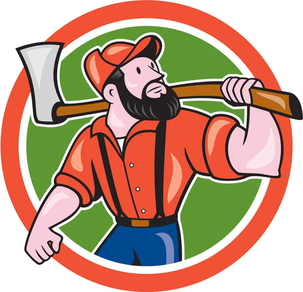 LumberJack segurando Machado Círculo Desenhos Animados —  Vetores de Stock