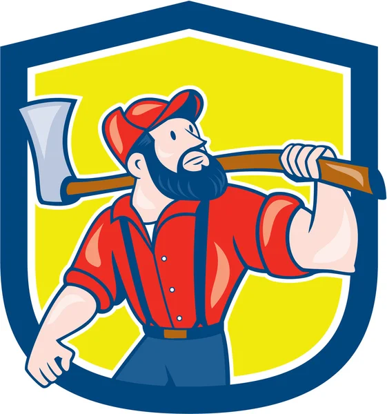 LumberJack Sujetando Hacha Escudo de dibujos animados — Vector de stock