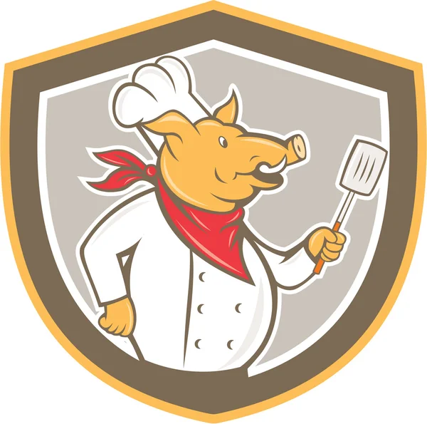 Chef de cerdo cocinero sosteniendo espátula escudo de dibujos animados — Vector de stock