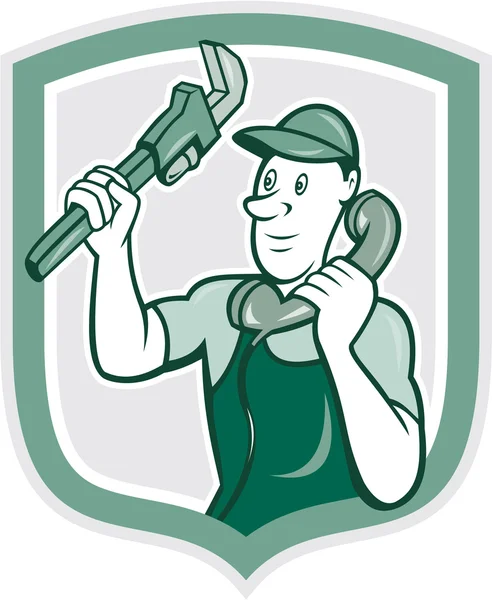 Tesisatçı İngiliz anahtarı telefon kalkan karikatür — Stok Vektör