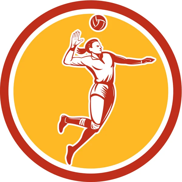 Volleyball Player Spiking Ball Circle Retro — Stock Vector