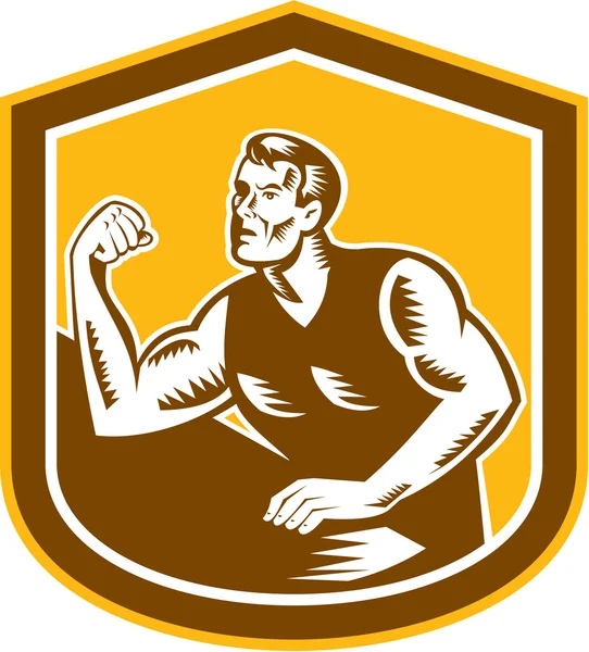 Arm Wrestling Champion Woodcut Shield — Stock Vector