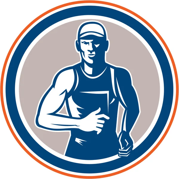 Maraton koşucusu çalışan çember retro — Stok Vektör