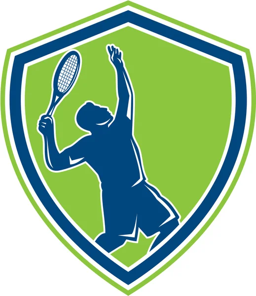 Giocatore di tennis Silhouette Serving Shield Retro — Vettoriale Stock