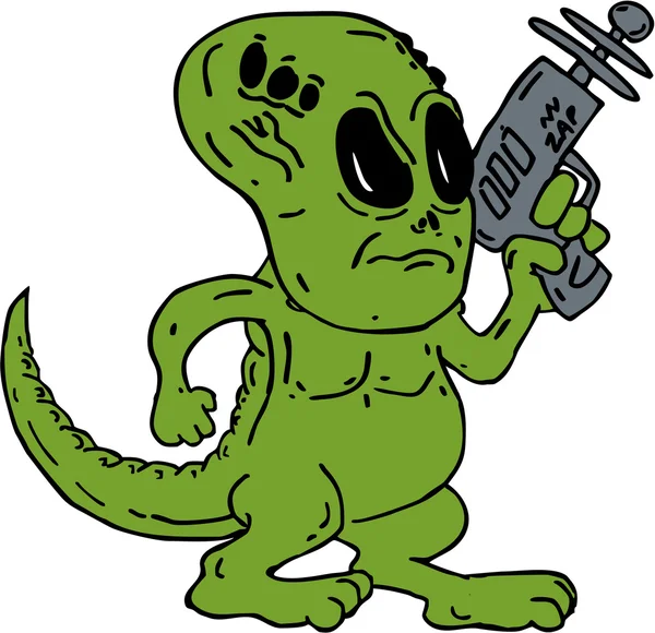 Dinosaurio alienígena sosteniendo Ray pistola de dibujos animados — Archivo Imágenes Vectoriales