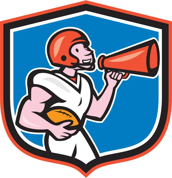 Calcio americano Quarterback Bullhorn Shield Cartone animato — Vettoriale Stock