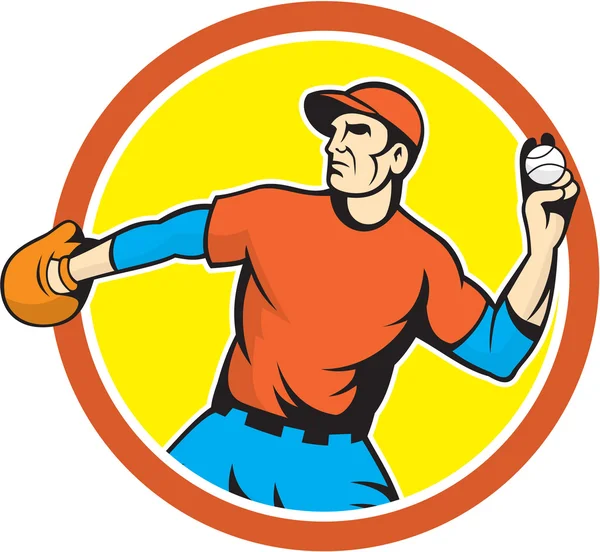 Honkbal werper outfielder gooien van de bal cartoon — Stockvector