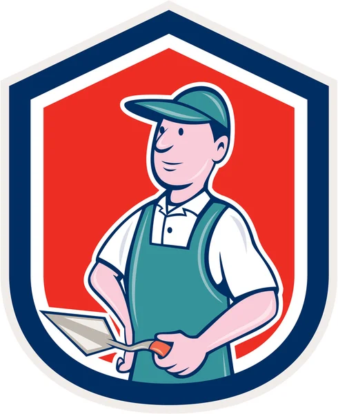 Pedreiro pedreiro estucador escudo desenhos animados —  Vetores de Stock