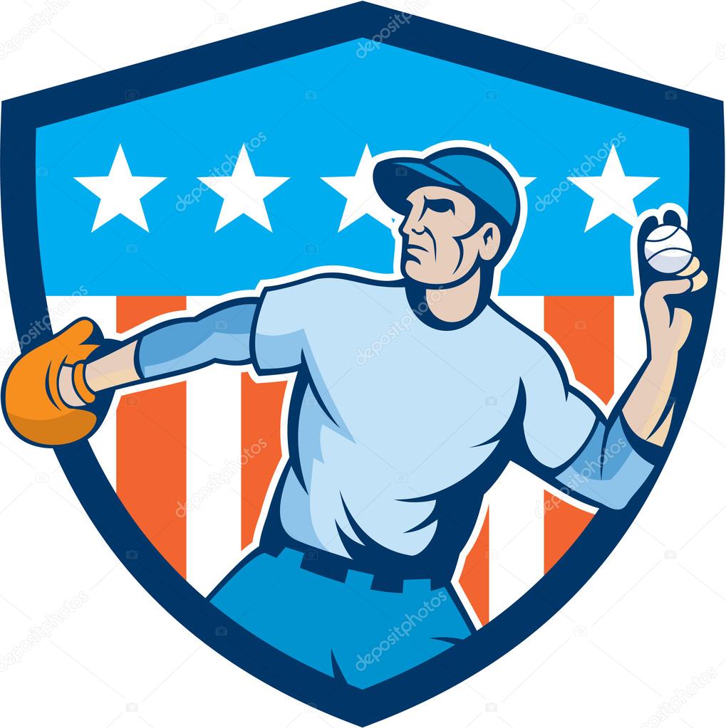 Download Baseball Pitcher Throwing Ball Shield Cartoon — Stock ...