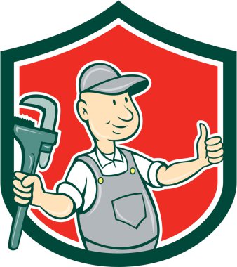 Tesisatçı İngiliz anahtarı başparmak yukarı kalkan karikatür