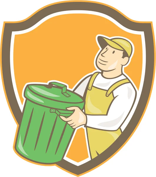 Garbage Collector Carrying Bin Shield Cartoon — Stock Vector