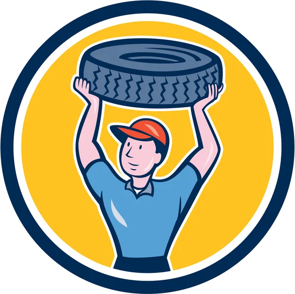 Reifenmechaniker mit Reifen-Cartoon-Kreis — Stockvektor