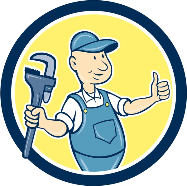 Plumber Monkey Wrench Thumbs Up Cartoon — Stock Vector