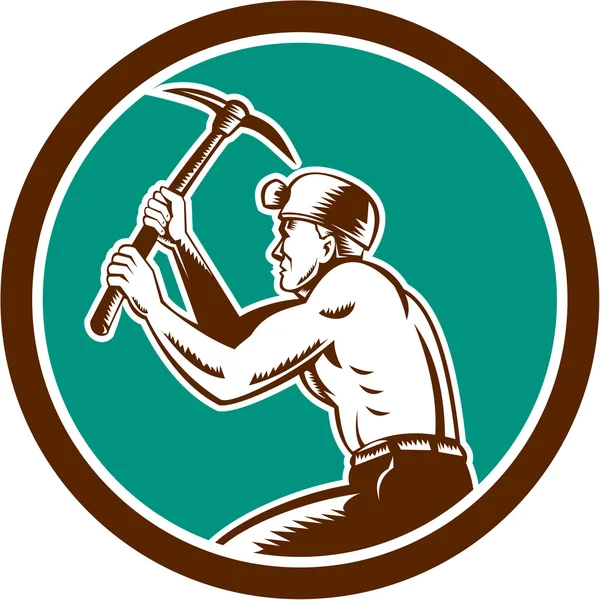 Mijnwerker met pick bijl cirkel retro — Stockvector