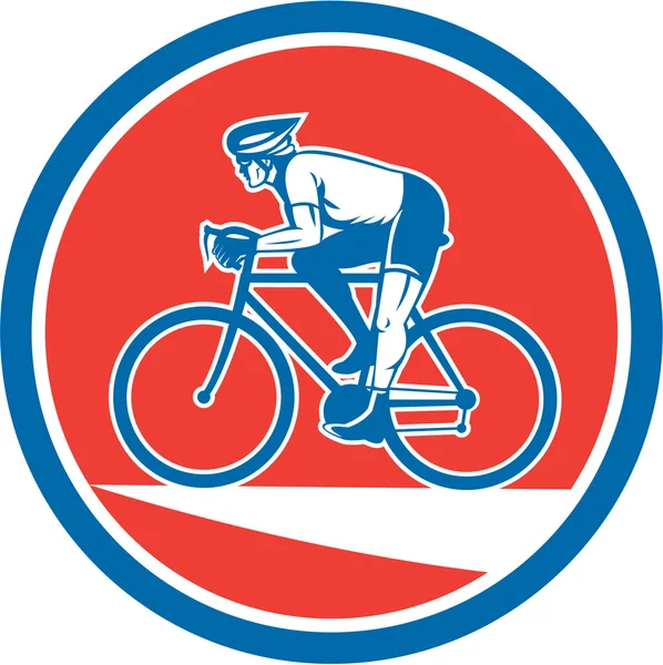 Ciclista montando bicicleta de montaña círculo retro — Vector de stock