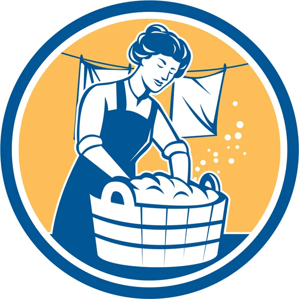 Housewife Washing Laundry Vintage Circle — Stock Vector