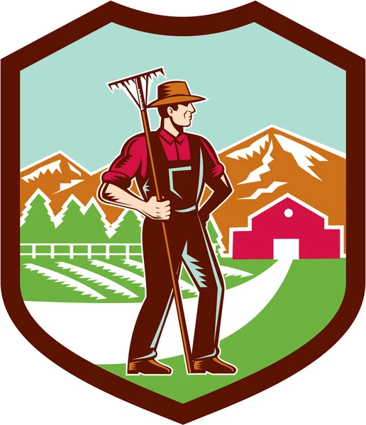 Rake de agricultor orgânico Woodcut Shield Retro —  Vetores de Stock