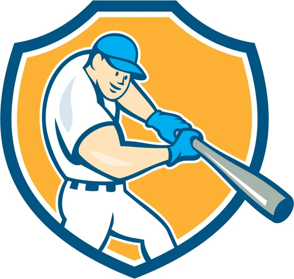 Jugador de béisbol americano escudo de bateo de dibujos animados — Vector de stock