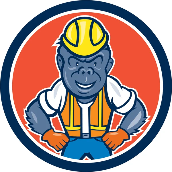 Angry Gorilla Construction Worker Circle Cartoon — Stock Vector