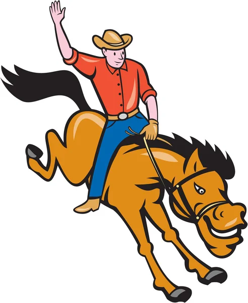 Rodeo vaquero montar bucking Bronco dibujos animados — Vector de stock