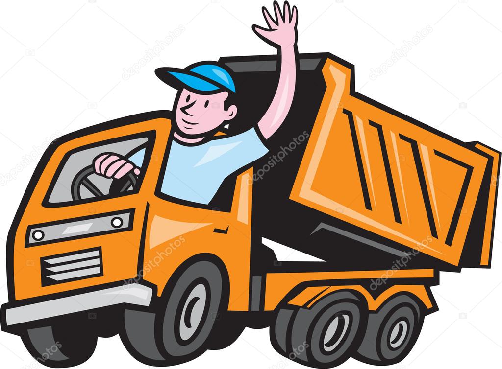 Dump Truck Driver Waving Cartoon