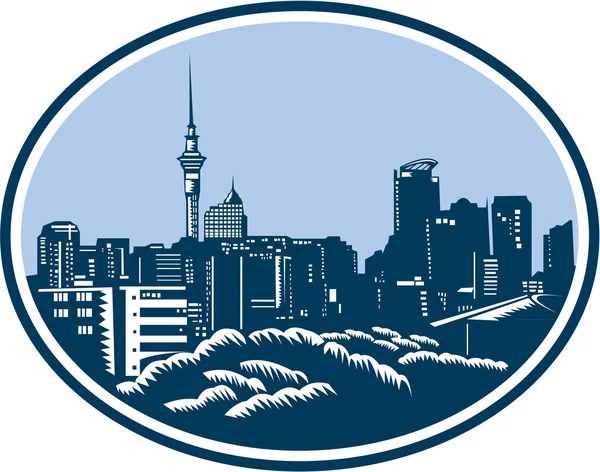 Auckland City Skyline Woodcut Retro — Stock Vector