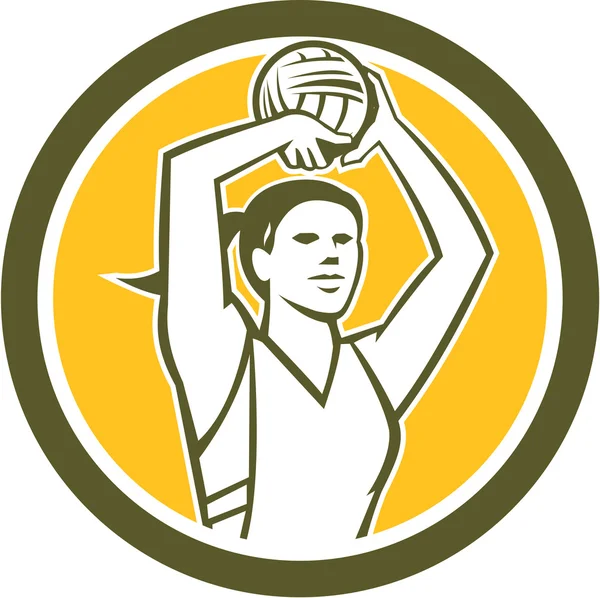 Netball jugador tiro bola círculo retro — Vector de stock