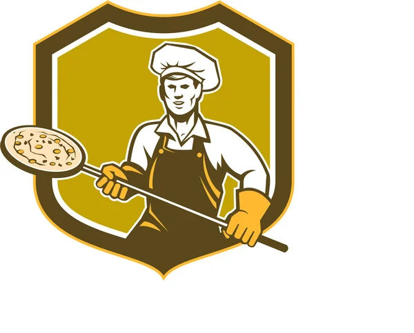 Pizza výrobce drží štít slupka retro — Stockový vektor