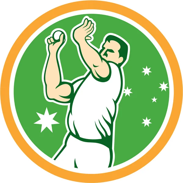 Australský kriketový rychlý nadhazovač bowlingové koule kruh kreslený — Stockový vektor
