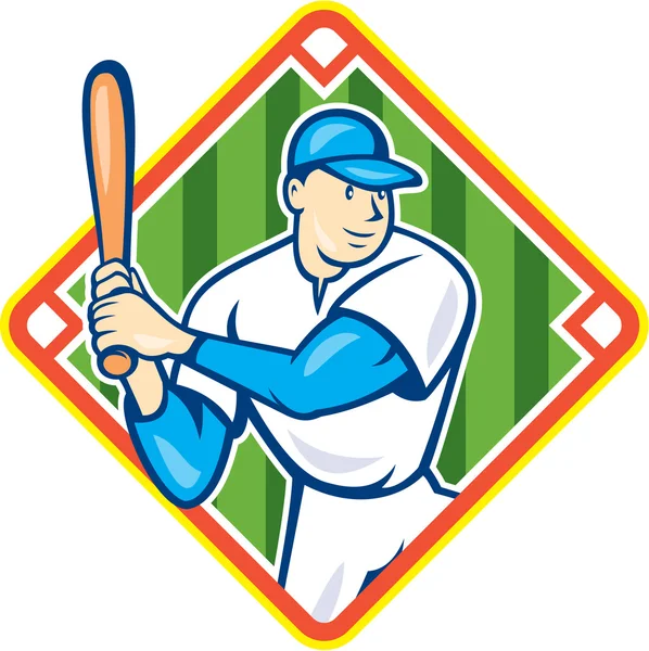 Jugador de béisbol americano Batting Diamond Cartoon — Archivo Imágenes Vectoriales