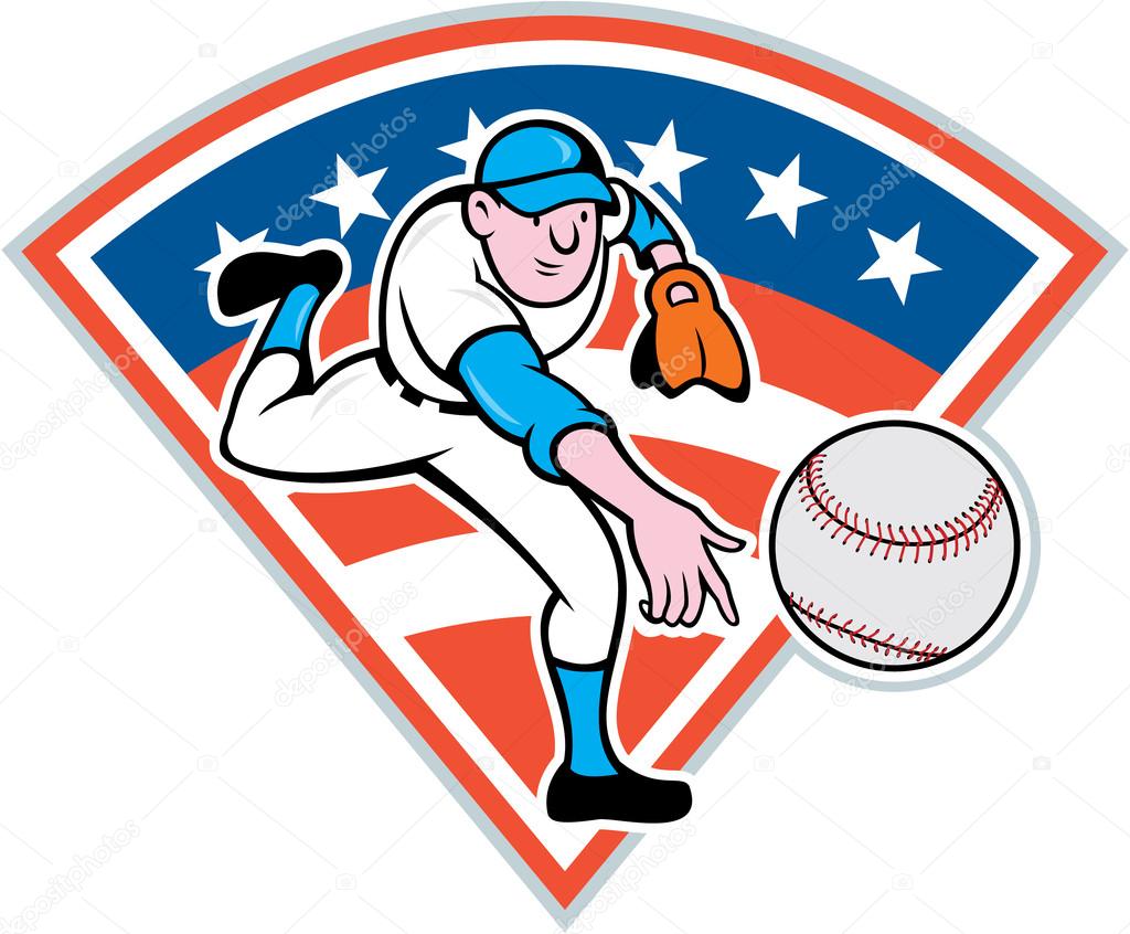 American Baseball Pitcher Throwing Ball Cartoon