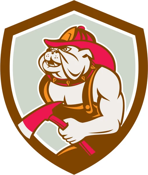 Pompier Bulldog avec bouclier hache rétro — Image vectorielle