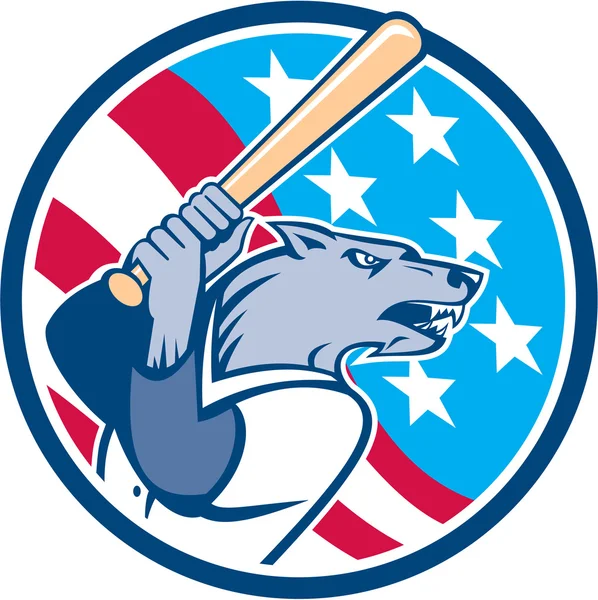 Wolf Baseball med Bat Usa stjärnor i cirkel Retro — Stock vektor