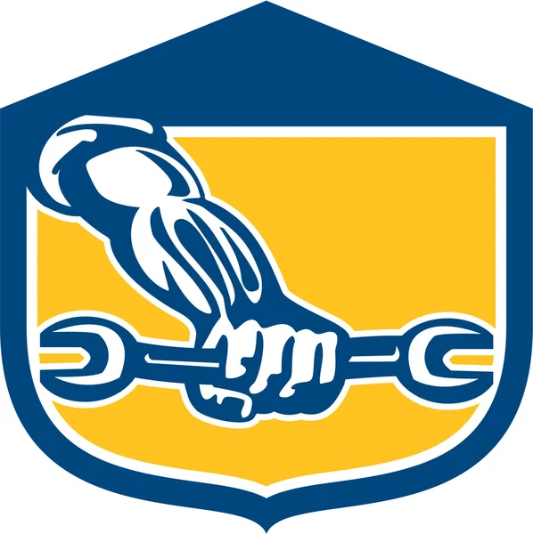 Mano mecánica que sostiene el escudo del Spanner Retro — Archivo Imágenes Vectoriales