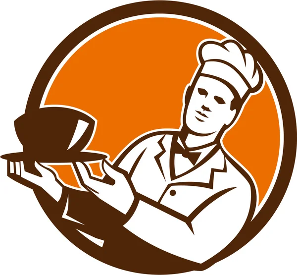 Chef cuisinier tenant bol de service cercle rétro — Image vectorielle
