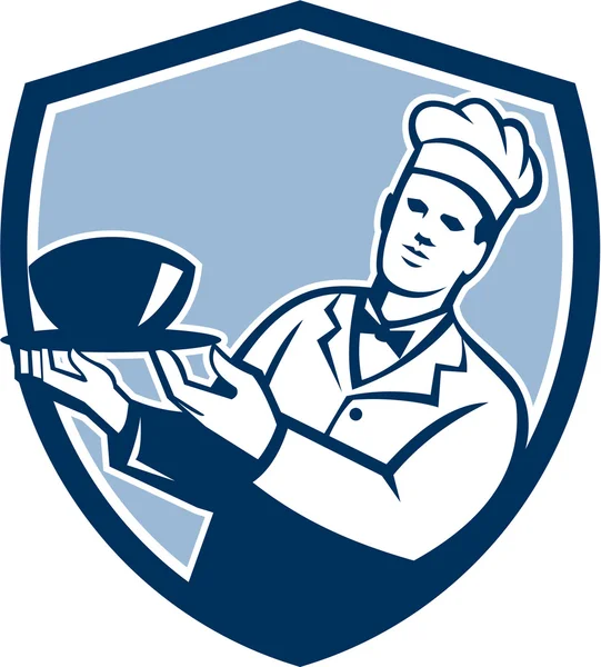 Chef Cook Holding Sirviendo Escudo Bowl Retro — Vector de stock