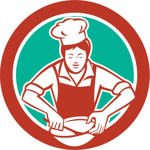 Female Chef Mixing Bowl Circle Retro — Stock Vector