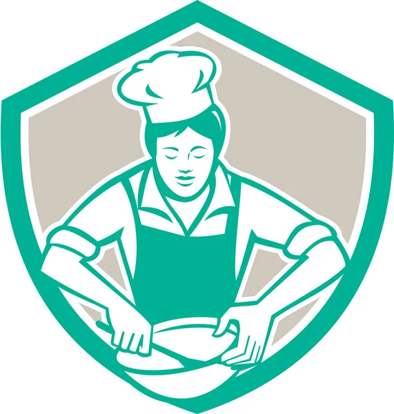 Chef femenino mezcla tazón escudo retro — Vector de stock