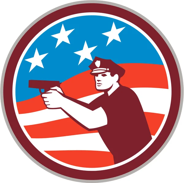 Αστυνομικός με όπλο αμερικανική σημαία κύκλο ρετρό — Διανυσματικό Αρχείο