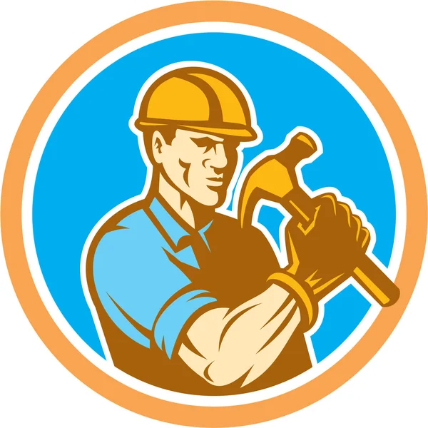 Carpintero constructor que sostiene el círculo del martillo Retro — Vector de stock