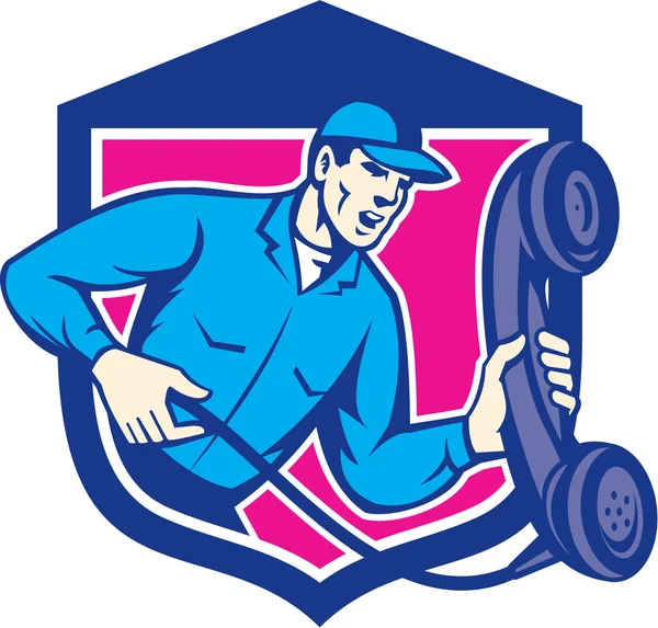 Telephone Repairman Holding Phone Shield Retro — Stock Vector