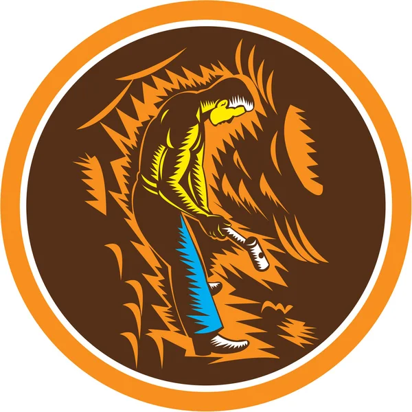 Charbon Miner tenant Sledgehammer cercle Woodcut — Image vectorielle