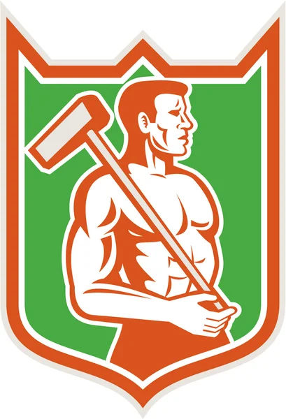 Trabalhador sindical com Sledgehammer escudo retro — Vetor de Stock