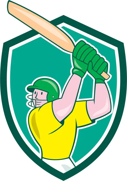 Cricket spelaren slagman vadd sköld tecknad — Stock vektor